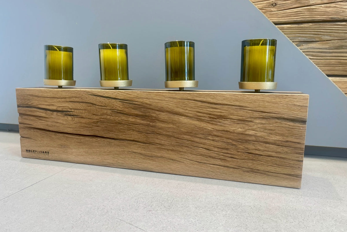 Kerzenblock LIDO aus recycelter Eiche - Kerzen in Upcycling Glasflaschen