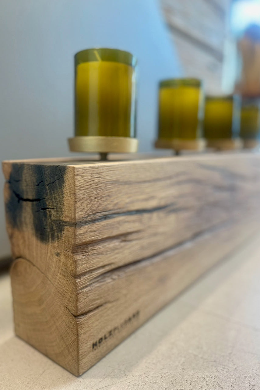 Kerzenblock LIDO aus recycelter Eiche - Kerzen in Upcycling Glasflaschen
