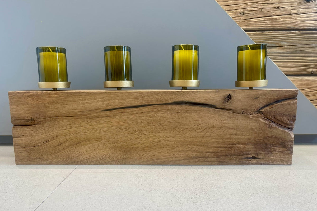 Kerzenblock LIDO aus recycelter Eiche - Kerzen in Upcycling Glasflaschen