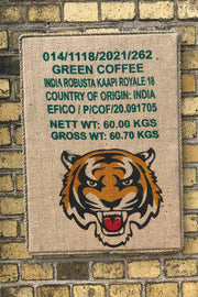 Wandbild Tiger - aus gebrauchtem Kaffeesack